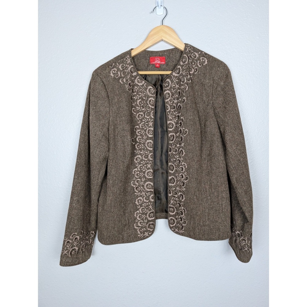 Oscar De La Renta Embroidered Brown Blazer Size 14 Lined Designer Luxury 216